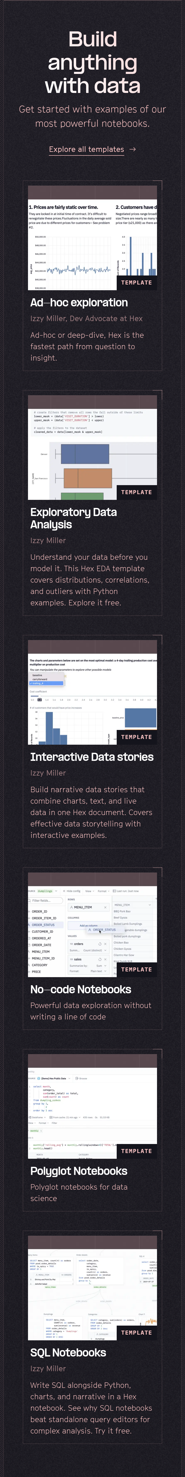 Build Anything With Data section from Hex, on a phone
