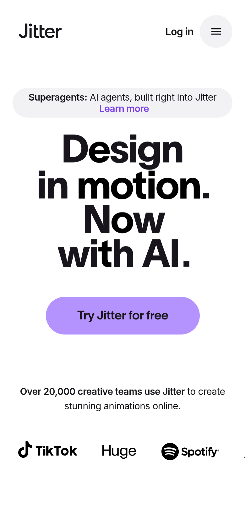 Design in Motion. Now With AI. section from Jitter, on a phone