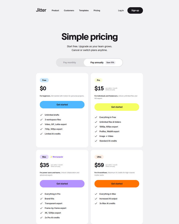 Simple Pricing section from Jitter