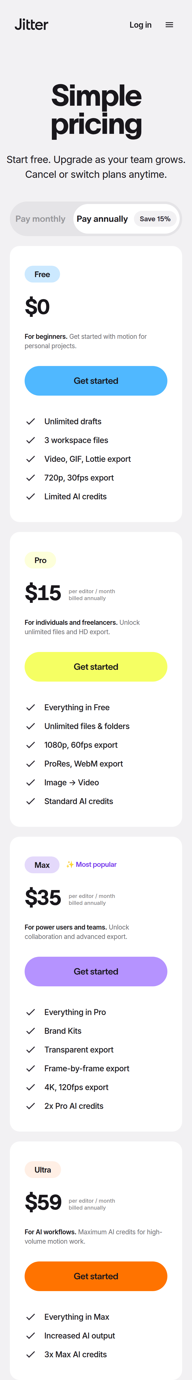 Simple Pricing section from Jitter, on a phone