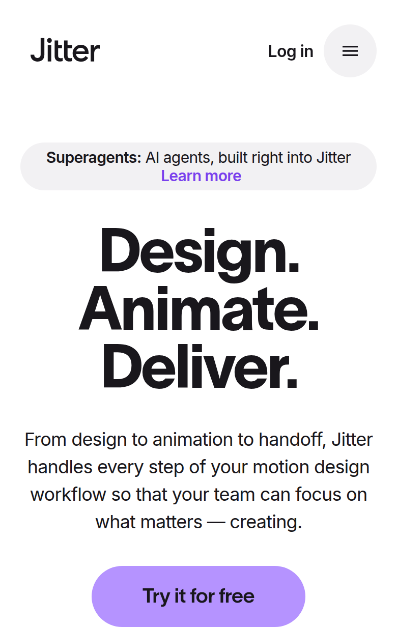 Design. Animate. Deliver. section from Jitter, on a phone