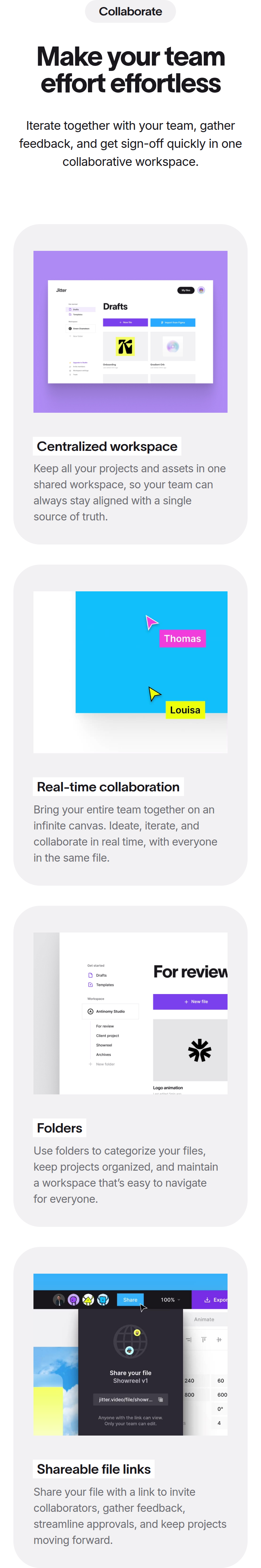 Make Your Team Effort Effortless section from Jitter, on a phone