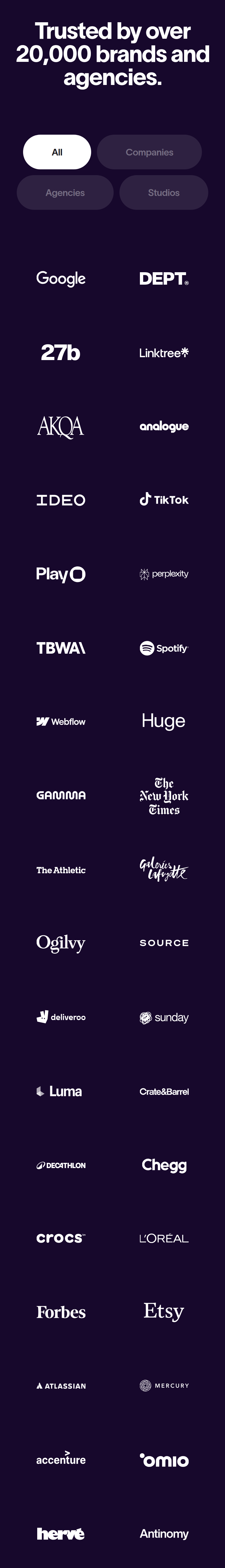 Trusted by Over 20,000 Brands and Agencies section from Jitter, on a phone