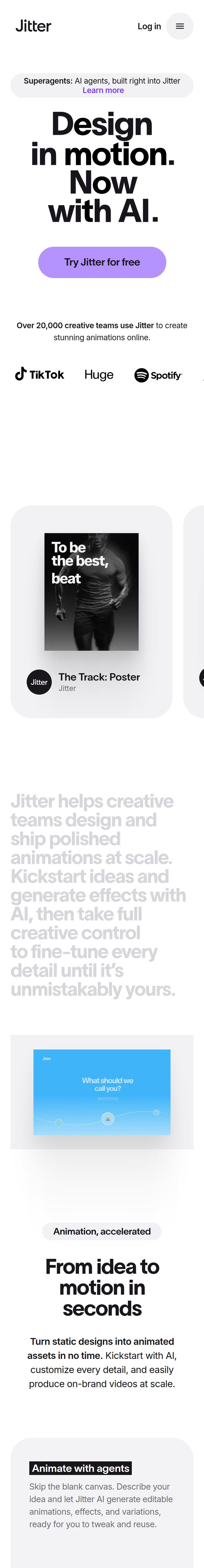 Home page of the Jitter website, on a phone