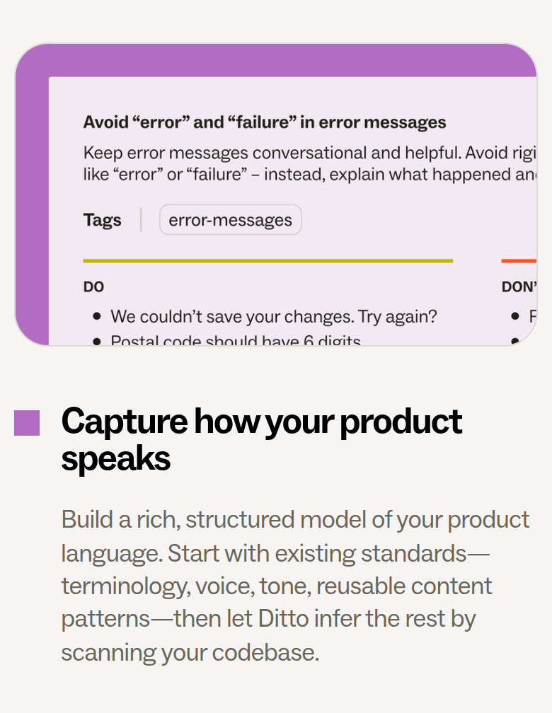 Capture How Your Product Speaks section from Ditto, on a phone