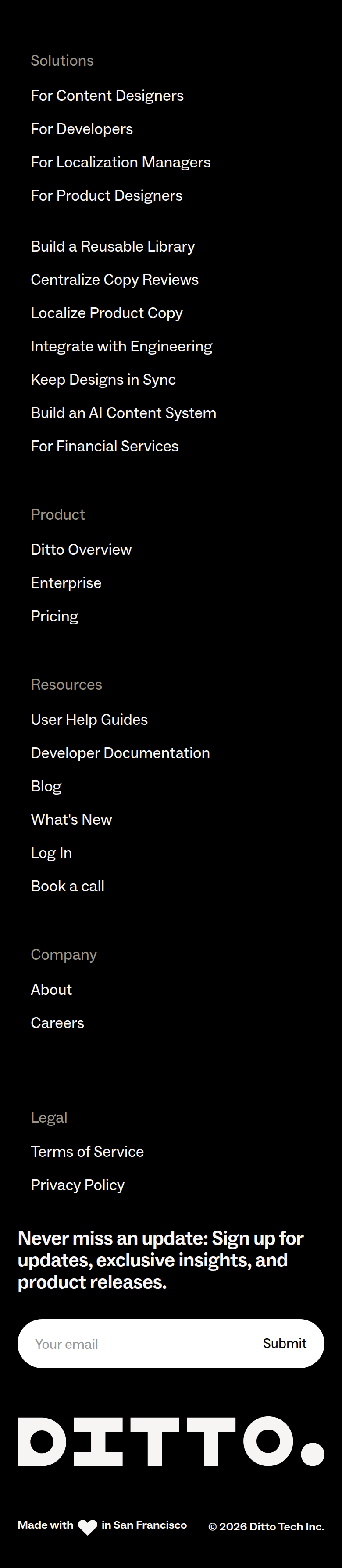 Footer section from Ditto, on a phone