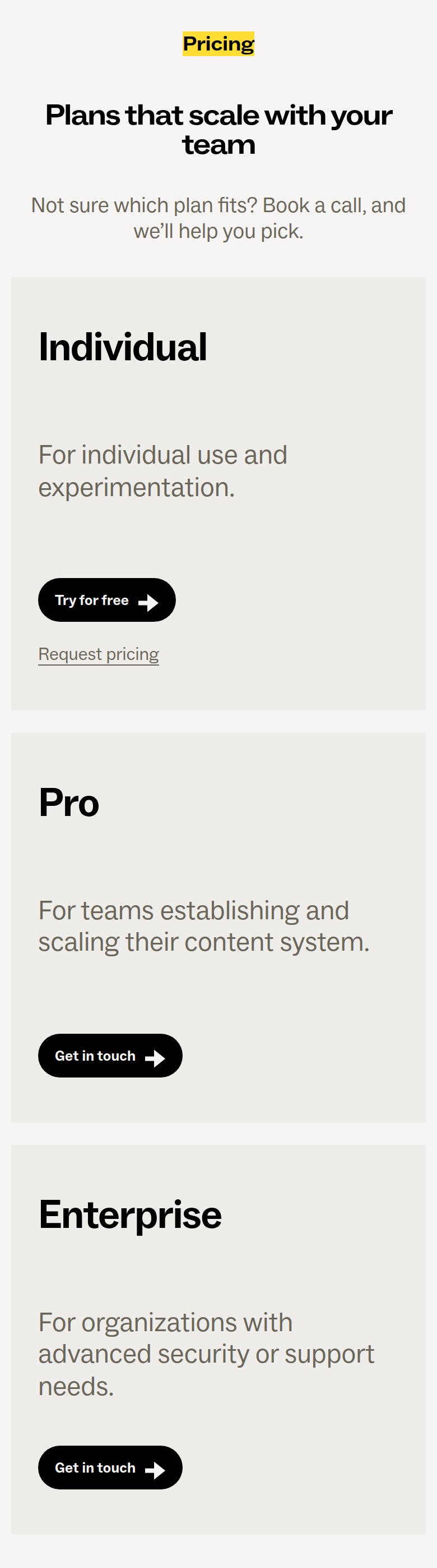 Plans That Scale with Your Team section from Ditto, on a phone