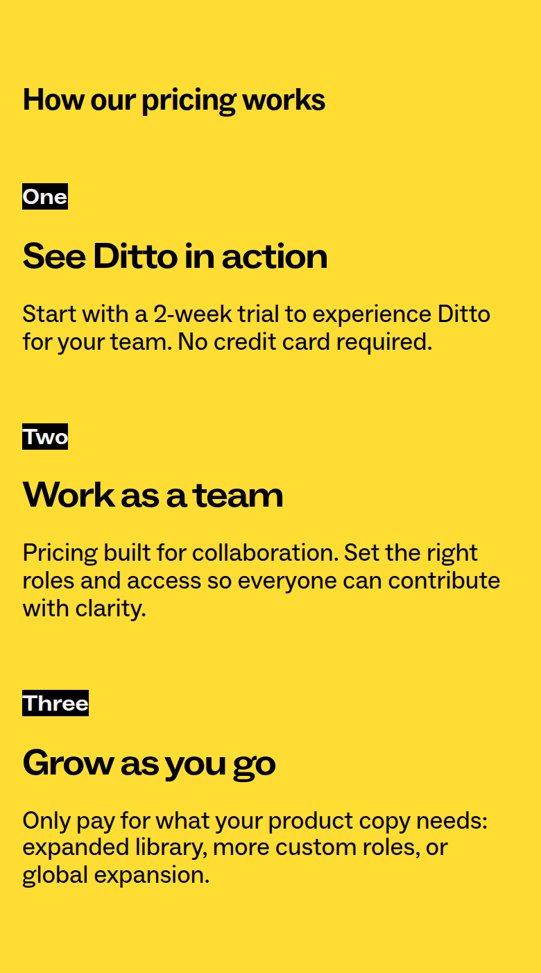 How Our Pricing Works section from Ditto, on a phone