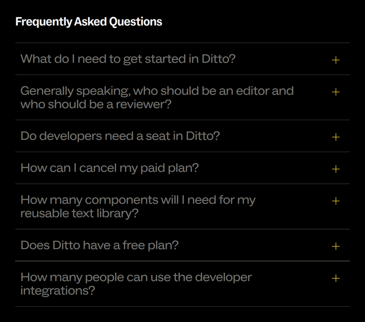 Frequently Asked Questions section from Ditto