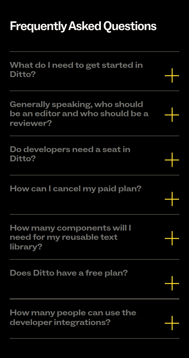 Frequently Asked Questions section from Ditto, on a phone