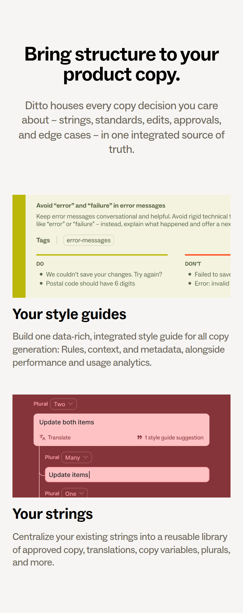 Bring Structure to Your Product Copy section from Ditto, on a phone