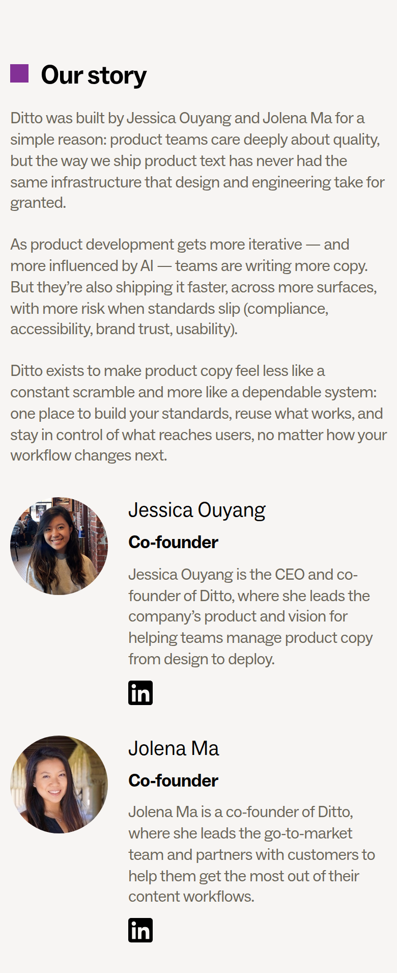 Our Story section from Ditto, on a phone