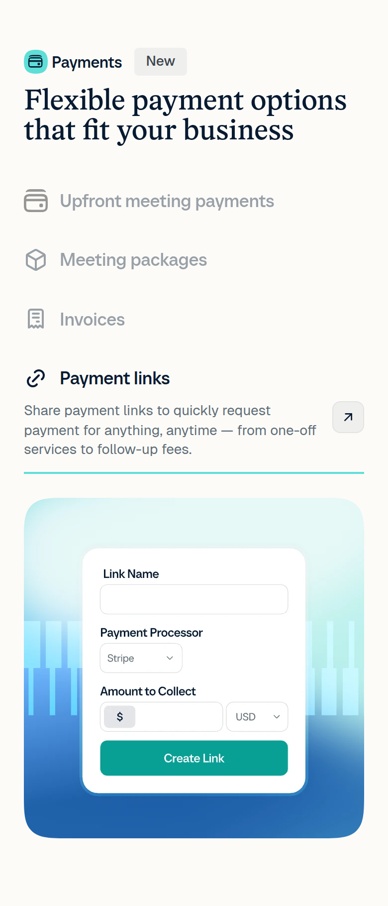 Flexible Payment Options That Fit Your Business section from Calendly, on a phone