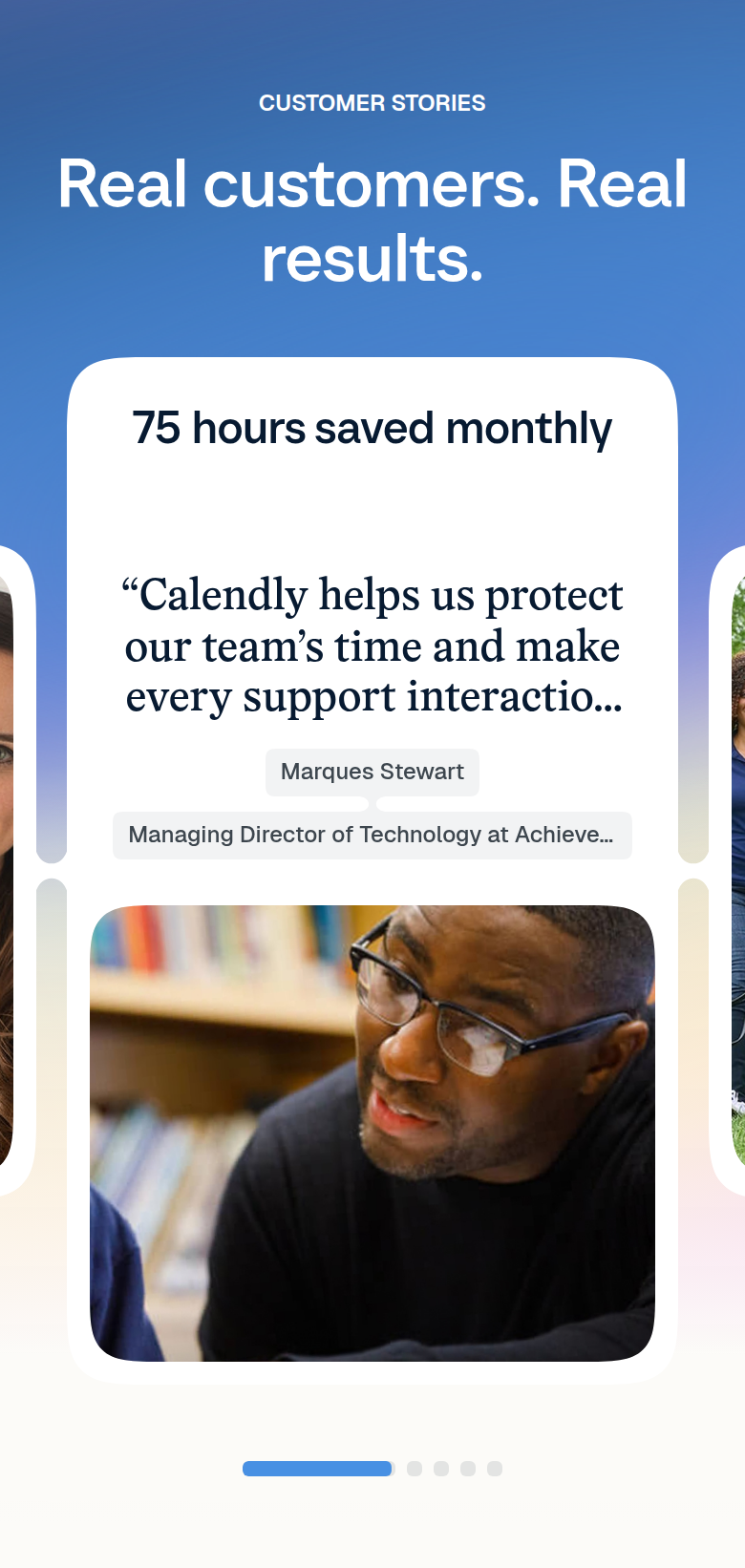 Real Customers. Real Results. section from Calendly, on a phone