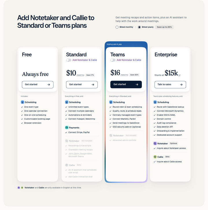 Add Notetaker and Callie to Standard or Teams Plans section from Calendly