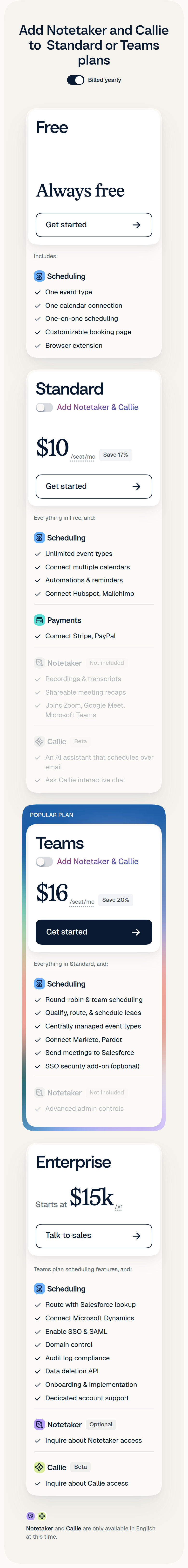 Add Notetaker and Callie to Standard or Teams Plans section from Calendly, on a phone