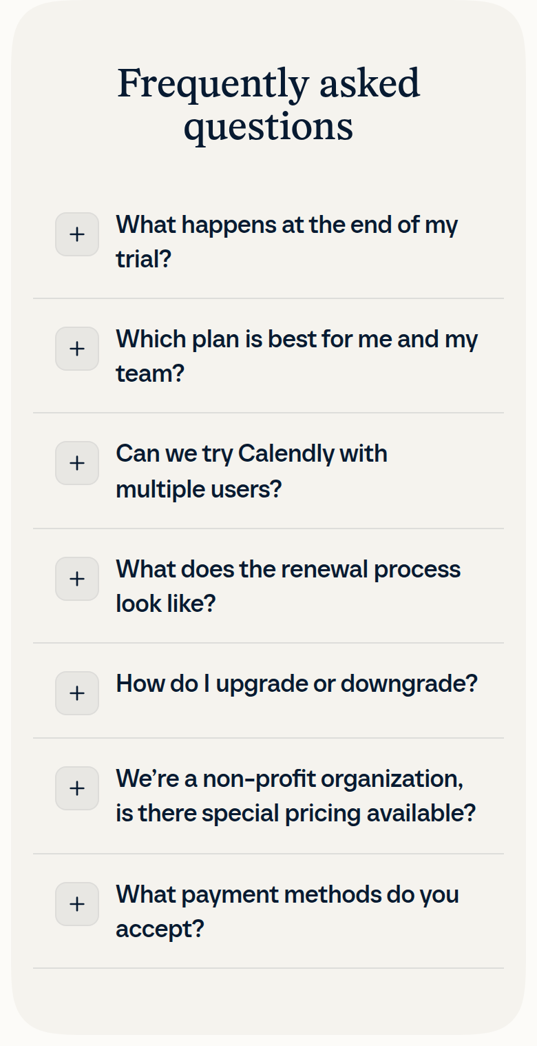 Frequently Asked Questions section from Calendly, on a phone