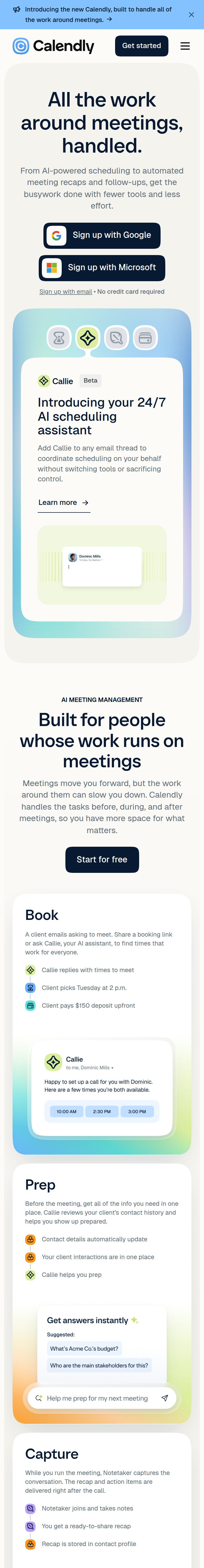 Home page of the Calendly website, on a phone
