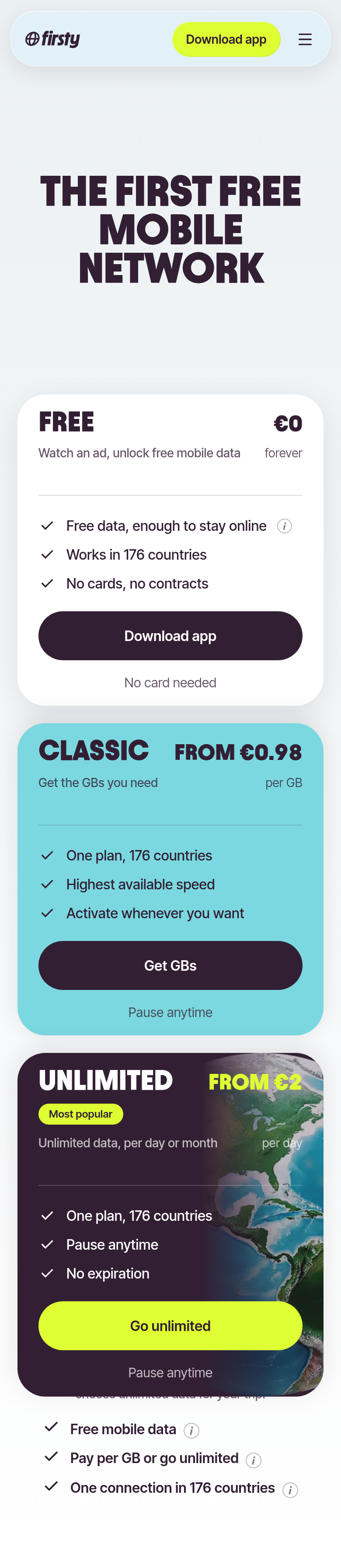 The First Free Mobile Network section from Firsty, on a phone