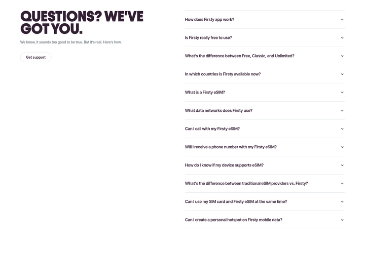 Questions? We've Got You section from Firsty