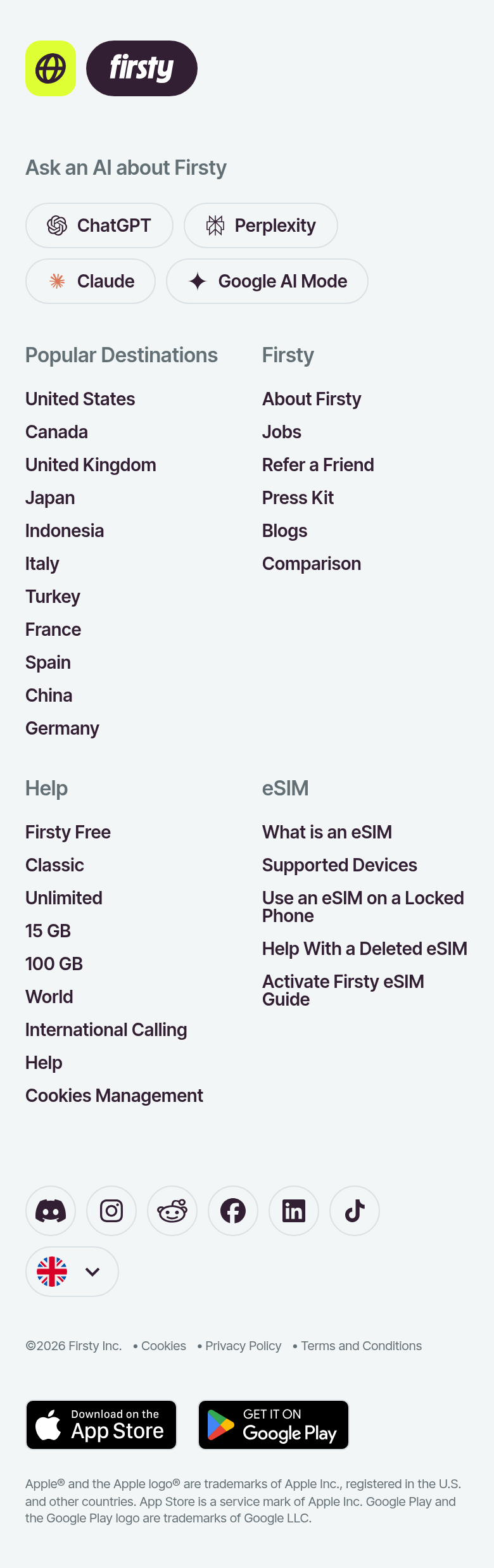 Footer section from Firsty, on a phone