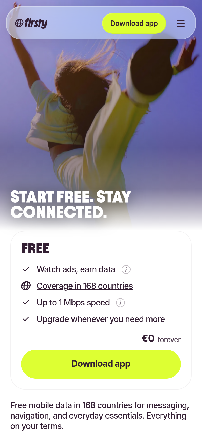 Start Free. Stay Connected. section from Firsty, on a phone
