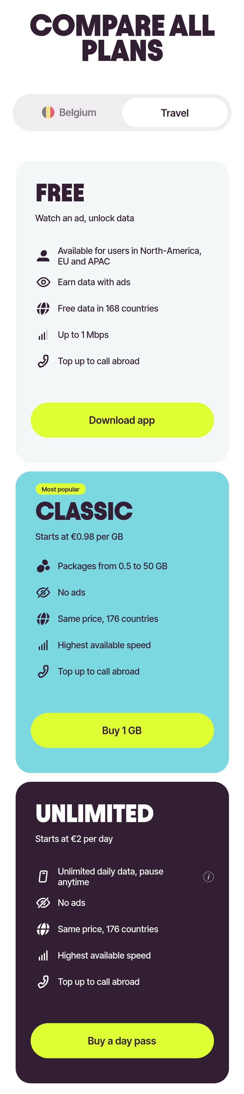 Compare All Plans section from Firsty, on a phone