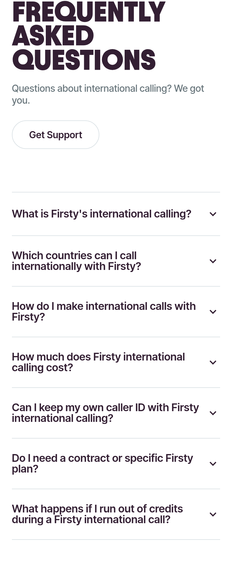 Frequently Asked Questions section from Firsty, on a phone