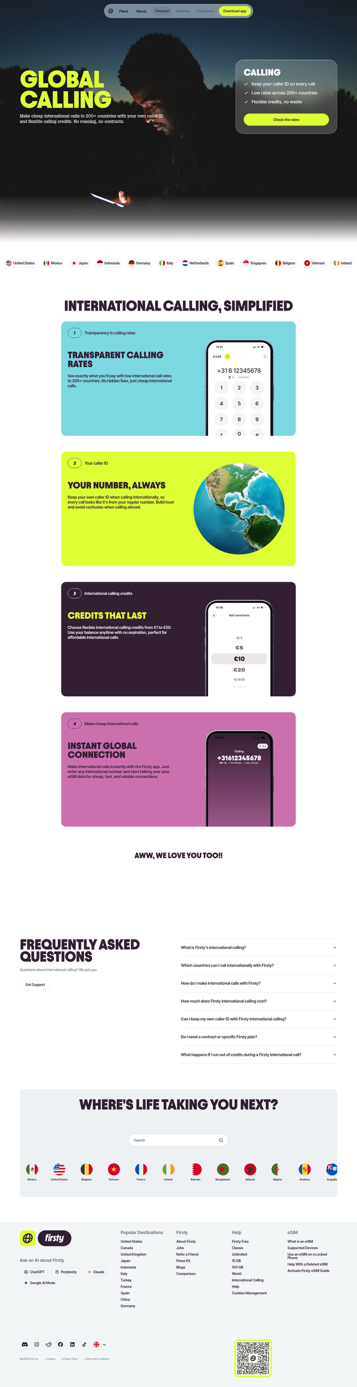 International Calling page from Firsty