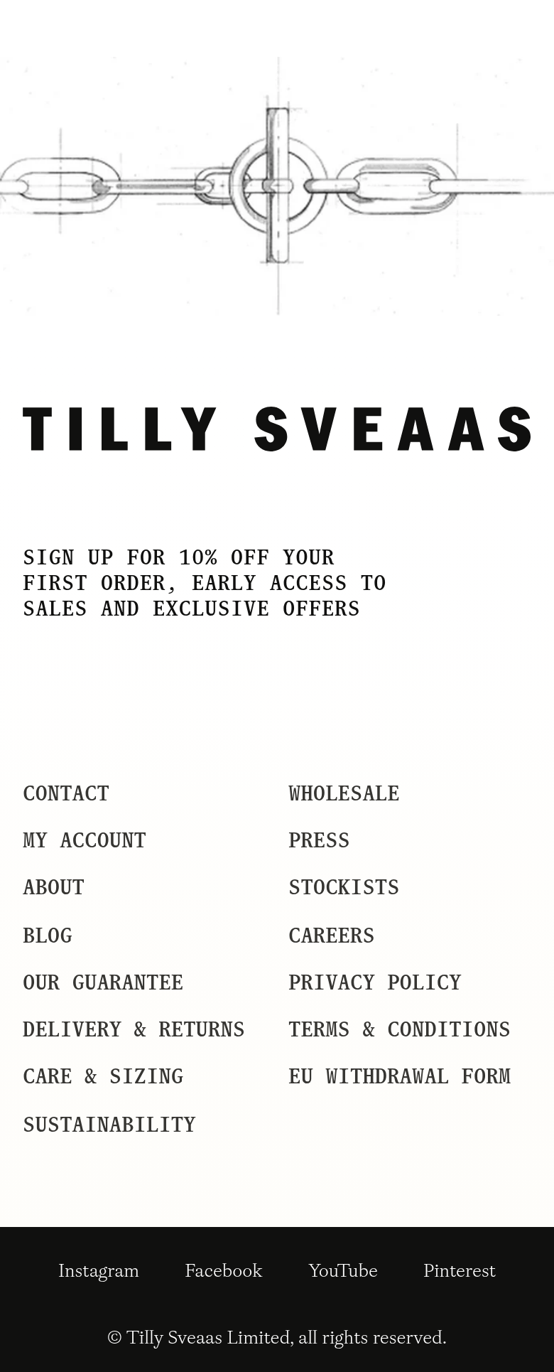 Footer section from Tilly Sveaas, on a phone
