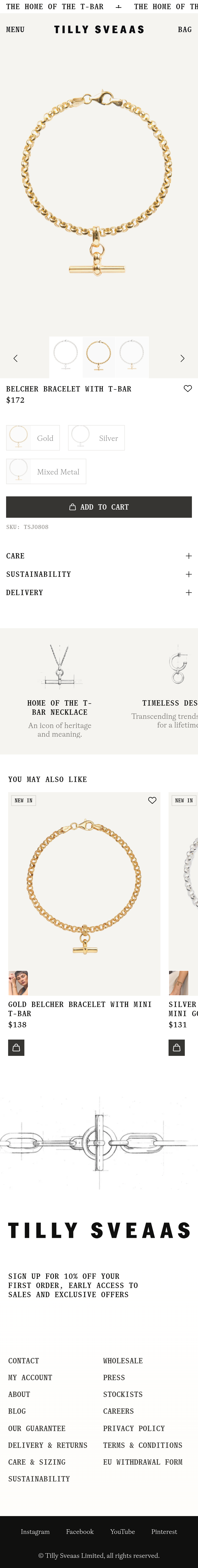 Belcher Bracelet with T-Bar page of Tilly Sveaas, on a phone