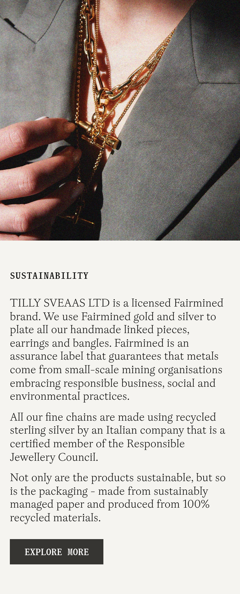 Sustainability section from Tilly Sveaas, on a phone