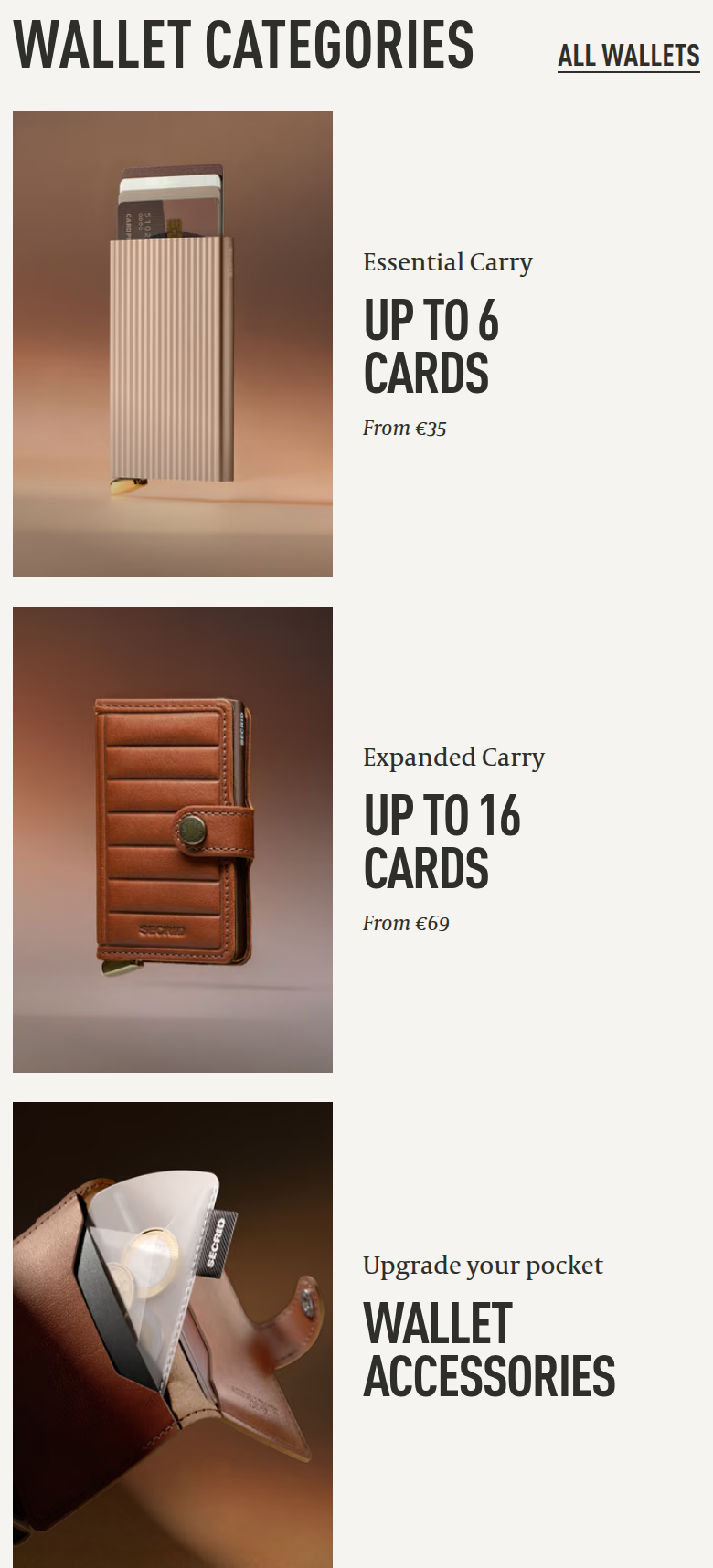 Wallet Categories section from Secrid, on a phone