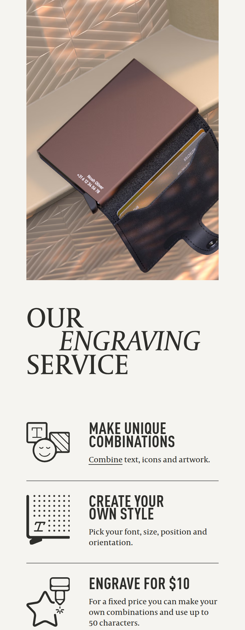 Our Engraving Service section from Secrid, on a phone