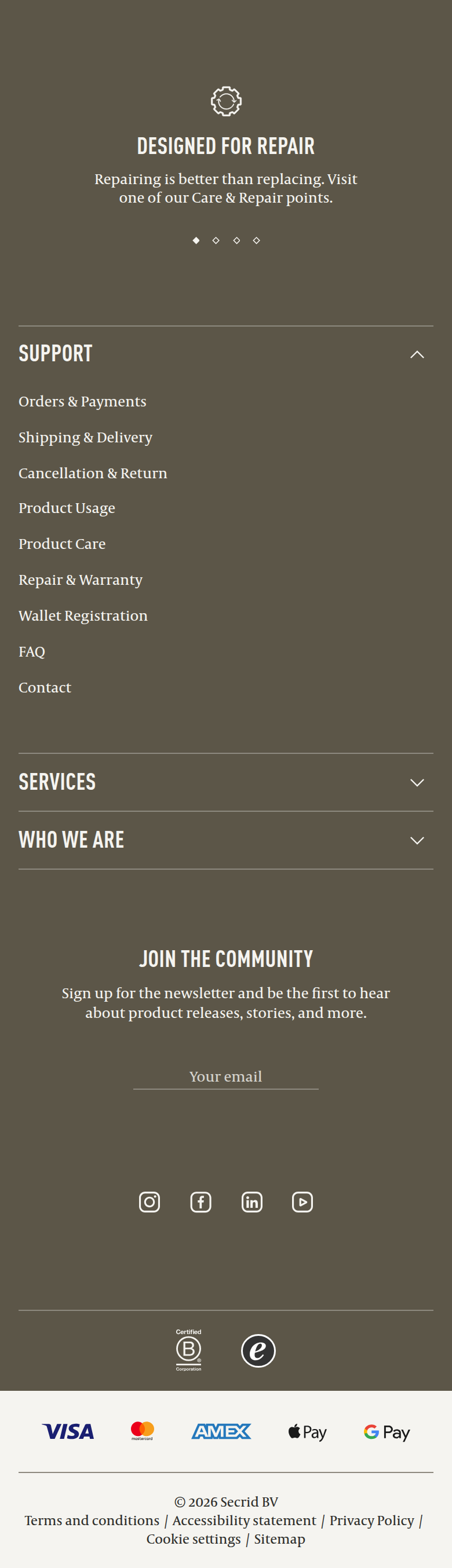Footer section from Secrid, on a phone