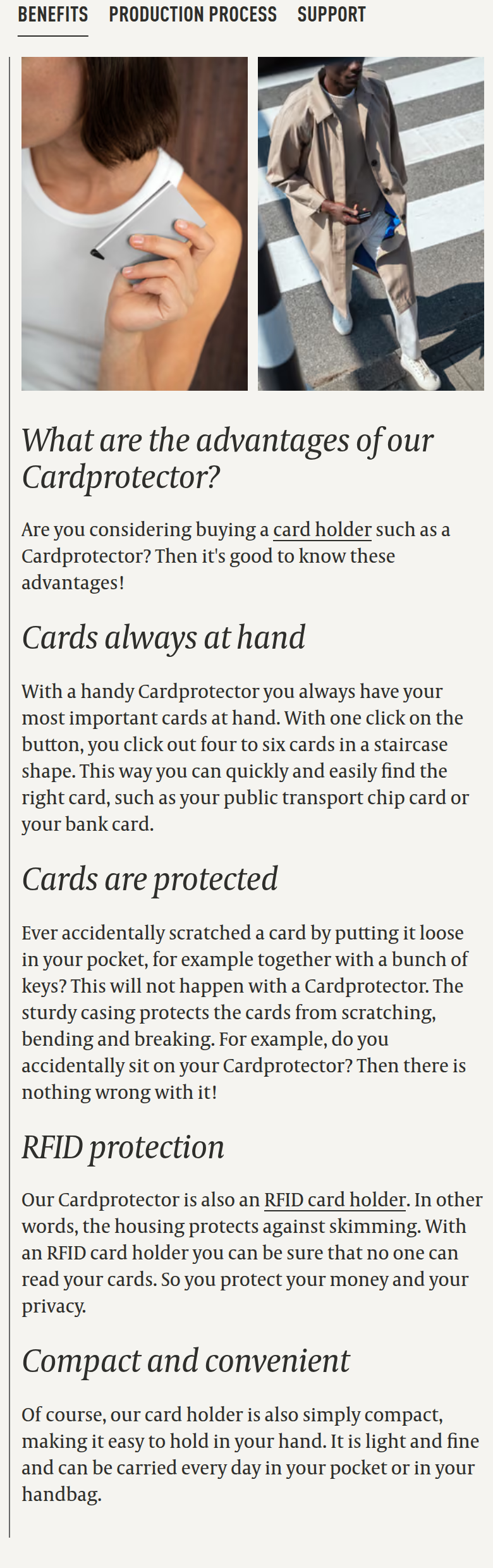Advantages of the Cardprotector section from Secrid, on a phone