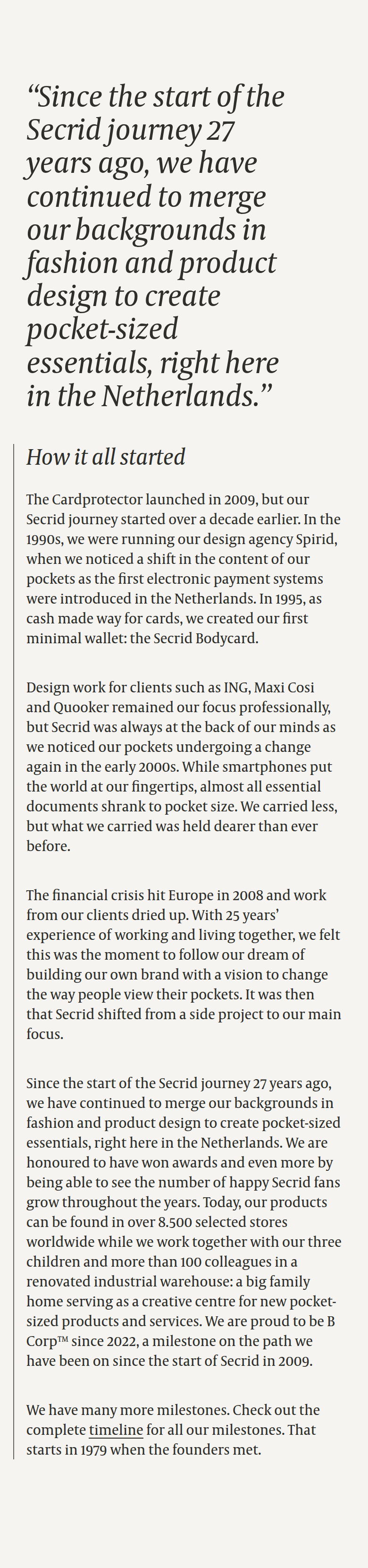How It All Started section from Secrid, on a phone