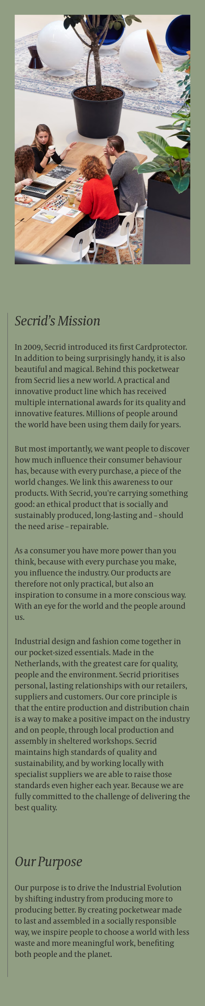 Our Mission and Purpose section from Secrid, on a phone