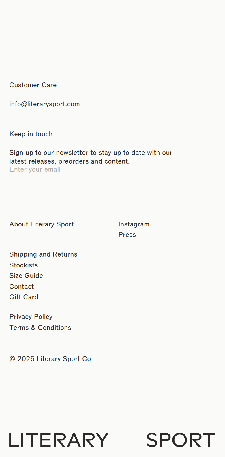 Footer section from Literary Sport, on a phone