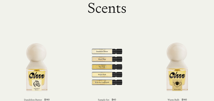 Scents section from Clue Perfumery