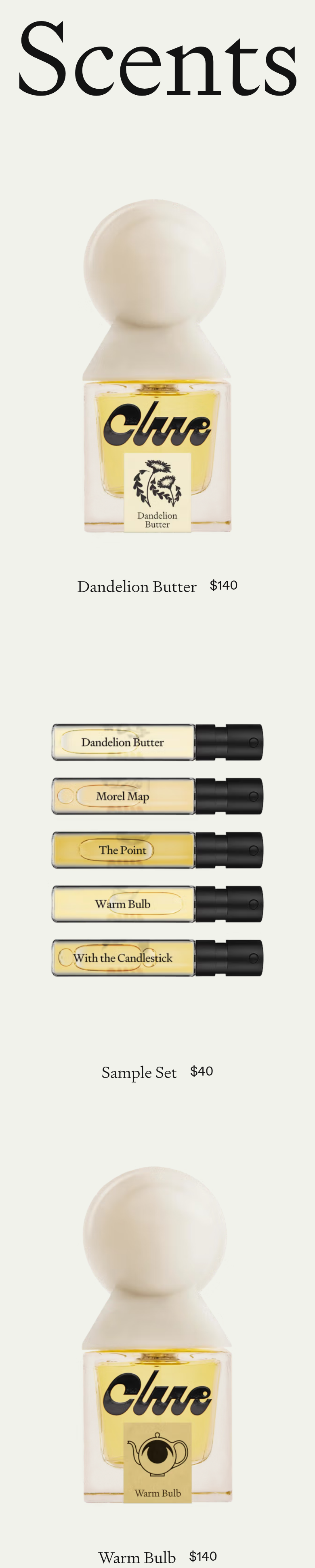 Scents section from Clue Perfumery, on a phone
