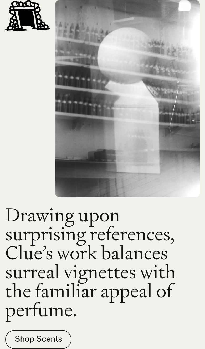 Surreal Vignettes with Familiar Appeal section from Clue Perfumery, on a phone
