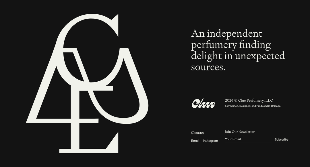 Footer section from Clue Perfumery