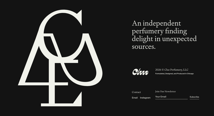 Footer section from Clue Perfumery