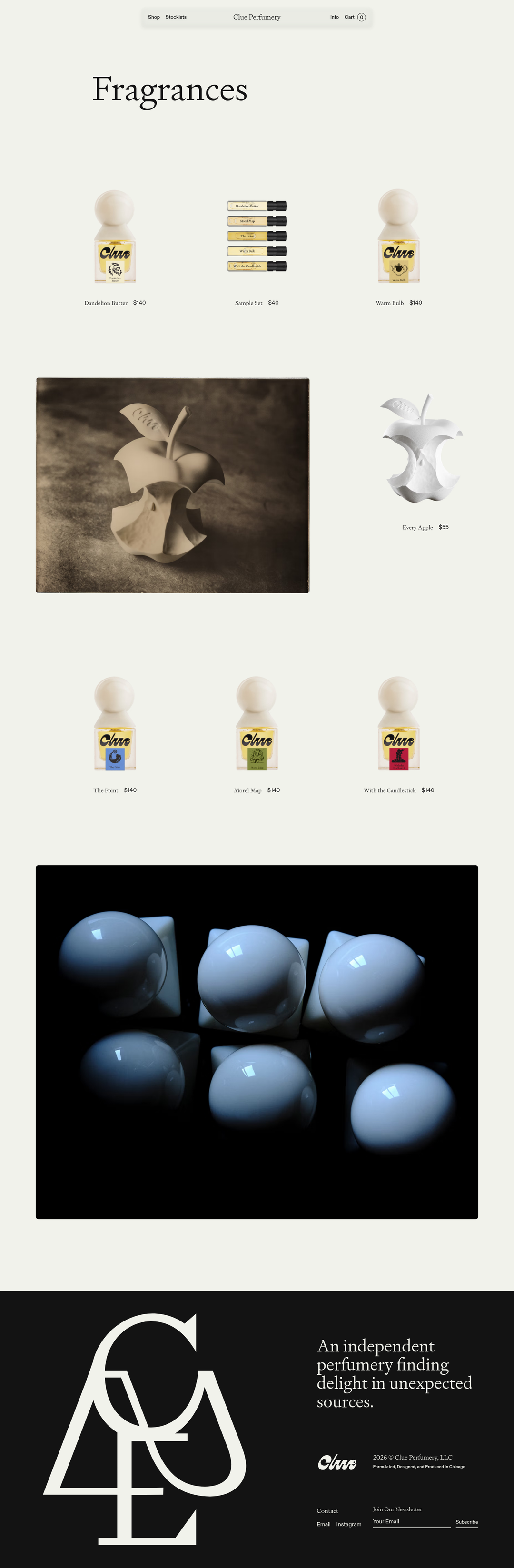 Fragrances page of Clue Perfumery
