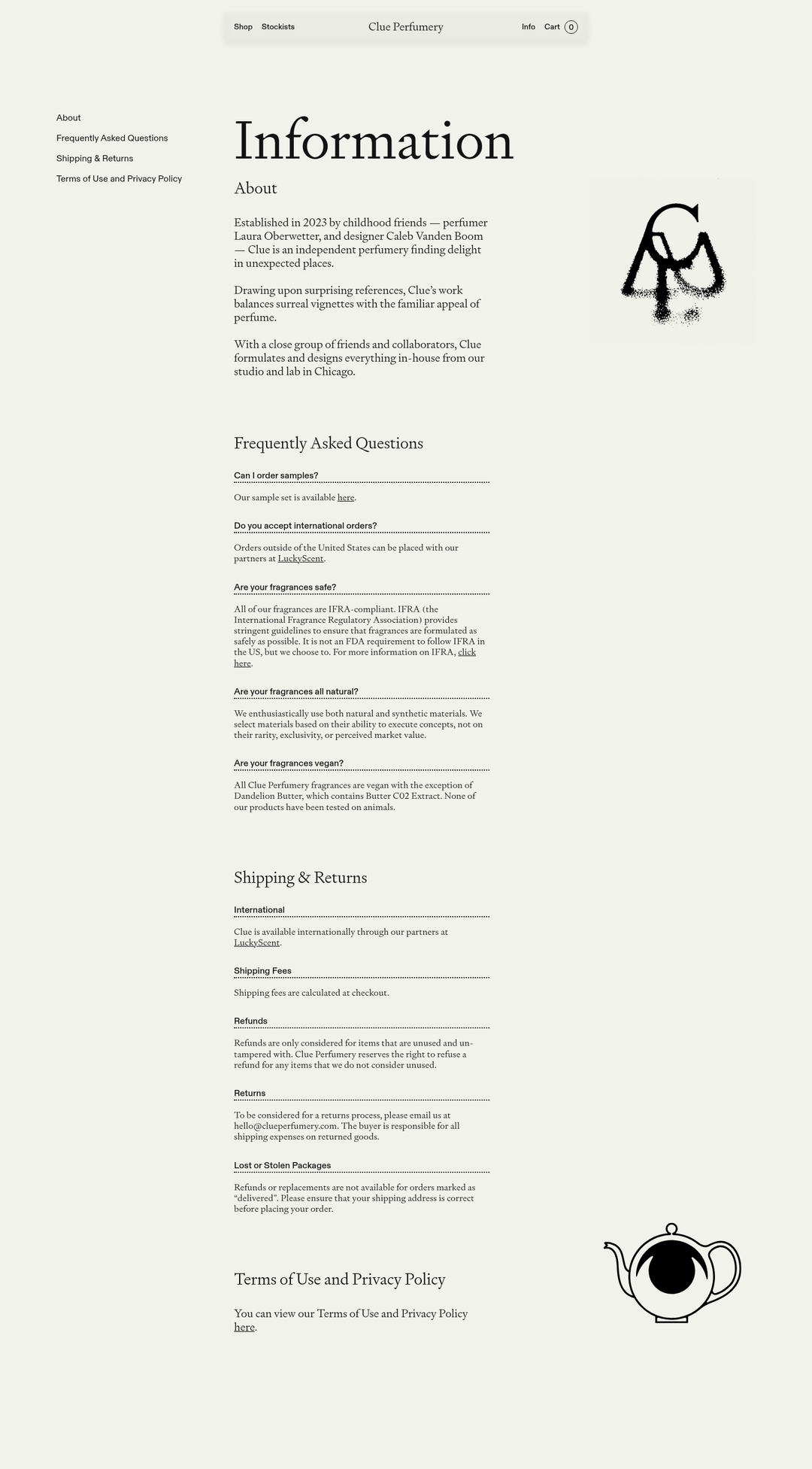 Information section from Clue Perfumery