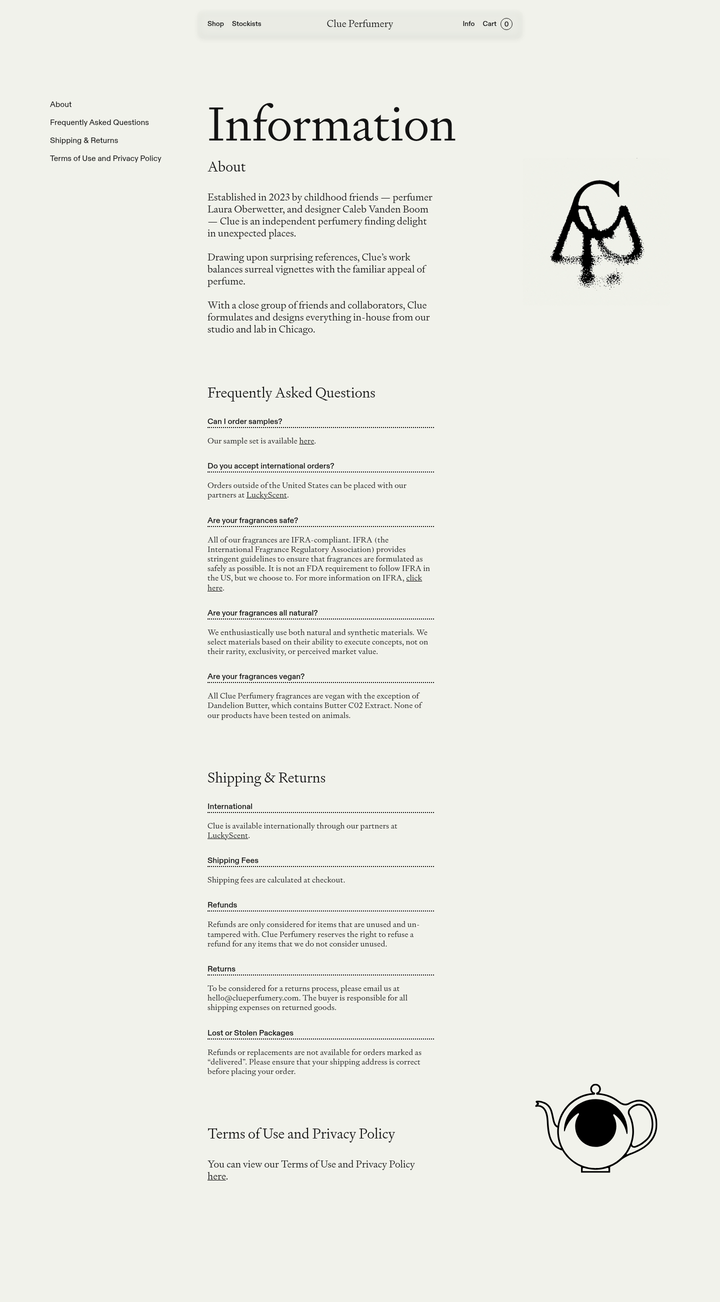 Information section from Clue Perfumery
