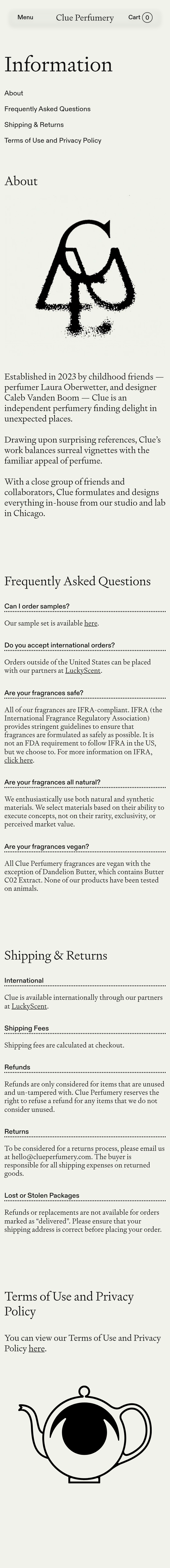 Information section from Clue Perfumery, on a phone