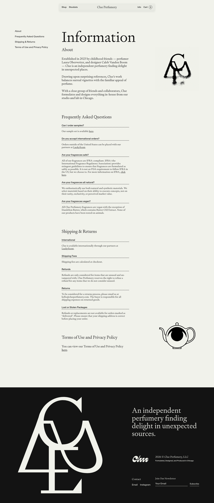 Information page from Clue Perfumery