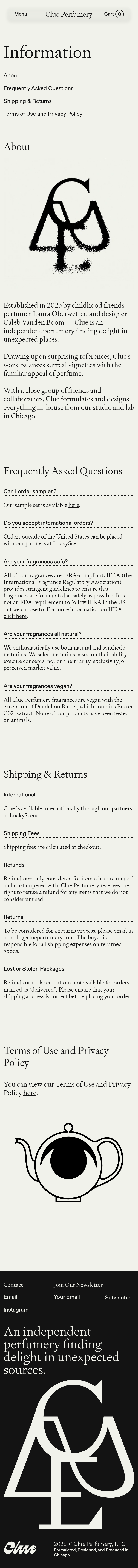 Information page of Clue Perfumery, on a phone